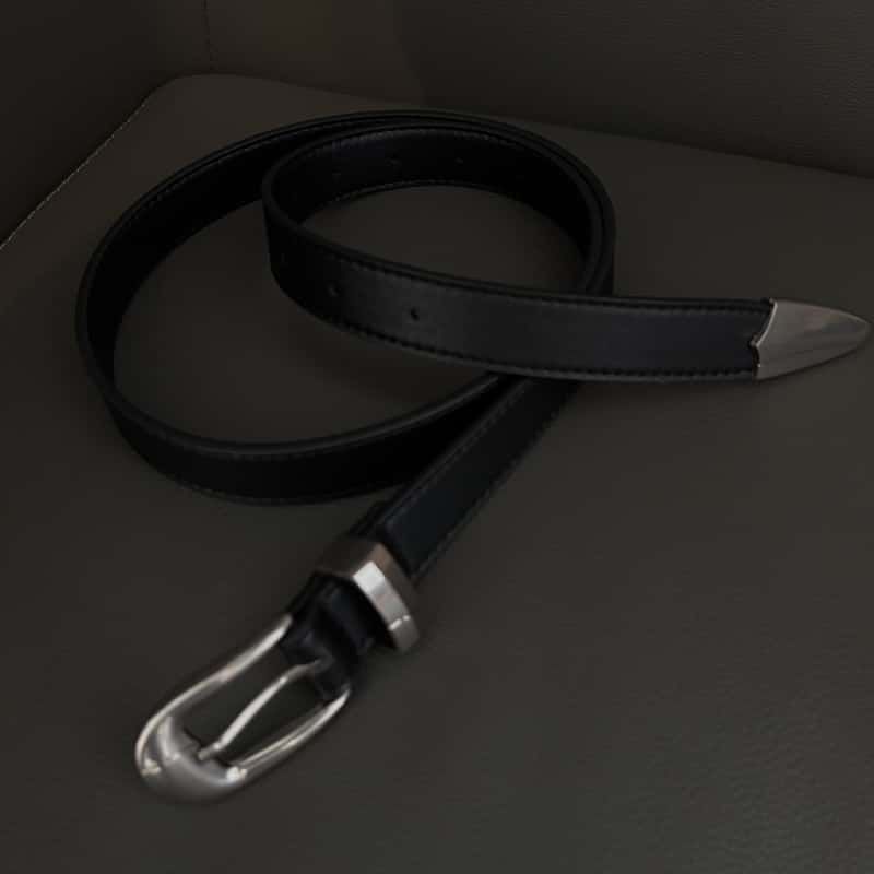 Cracked Texture Black Leather Belt Vintage Metal Buckle Jeans Belt